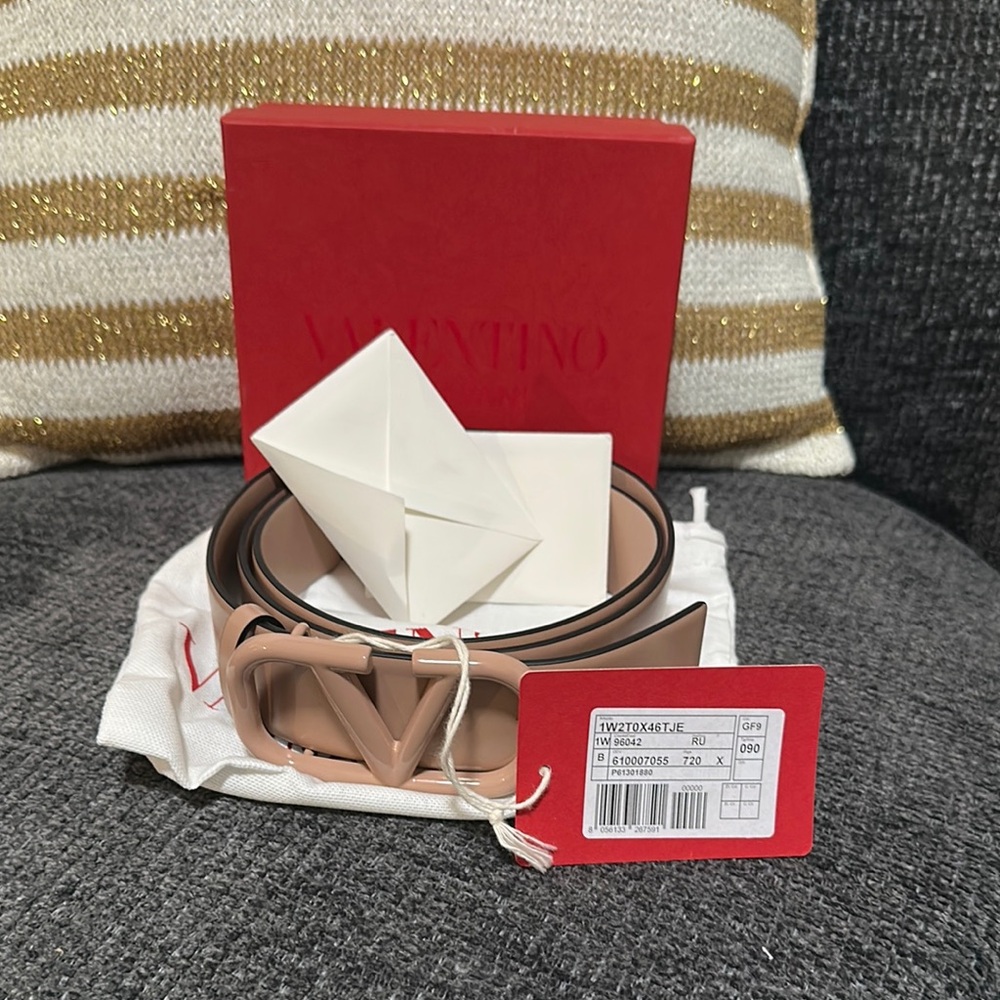 Valentino Tan Leather Belt with Metallic Buckle